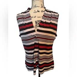 Calvin Klein Women’s V Neck Sleeveless Striped Red Black White Top Size XL EUC